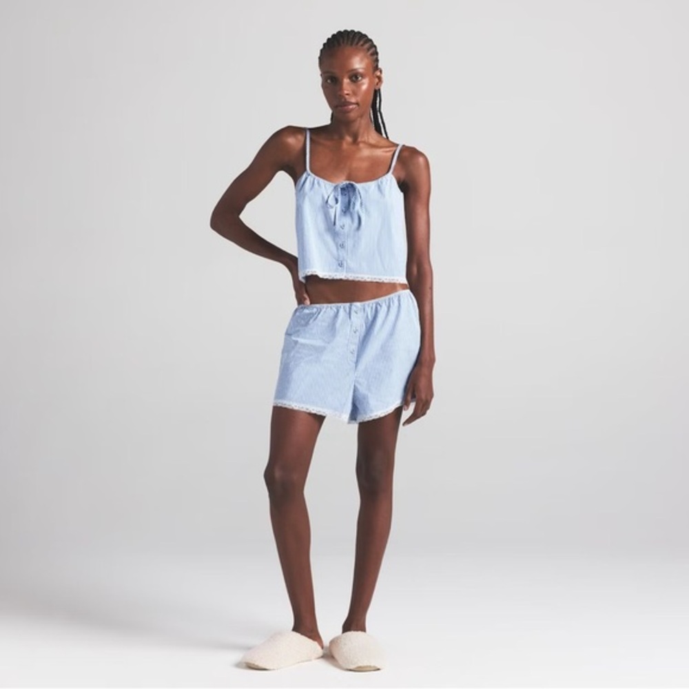 SKIMS Sleep Cami Short Set Cotton Poplin Cadet Stripe